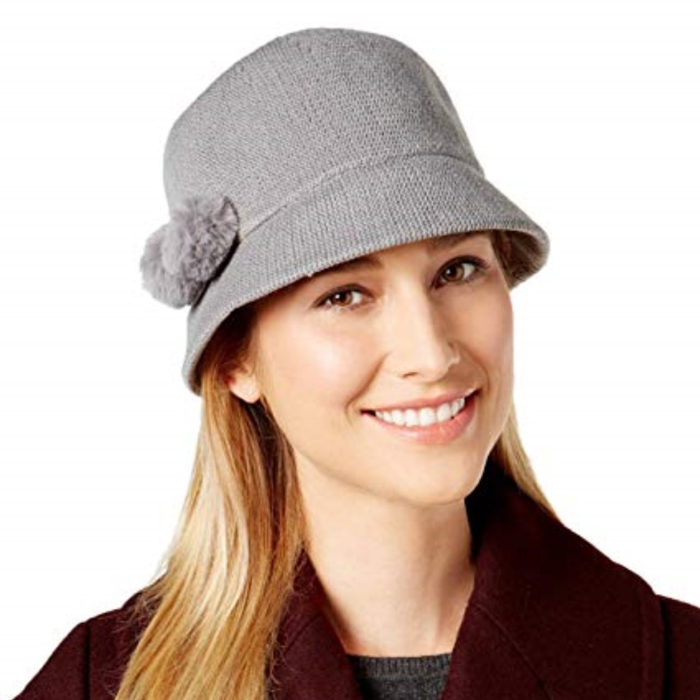 August Hats Faux Fur Pom-Pom Cloche Hat Grey